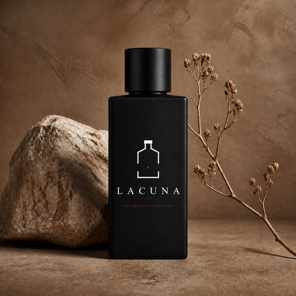 زجاجة عطر لاكونا سوداء بجانب حجر صحراوي