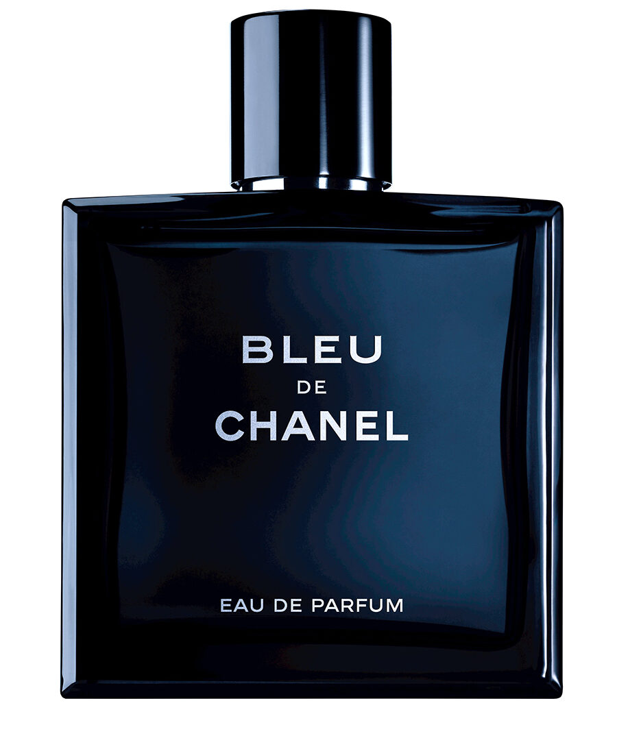 Bleu de Chanel Eau de Parfum bottle — flat dark navy glass with white lettering
