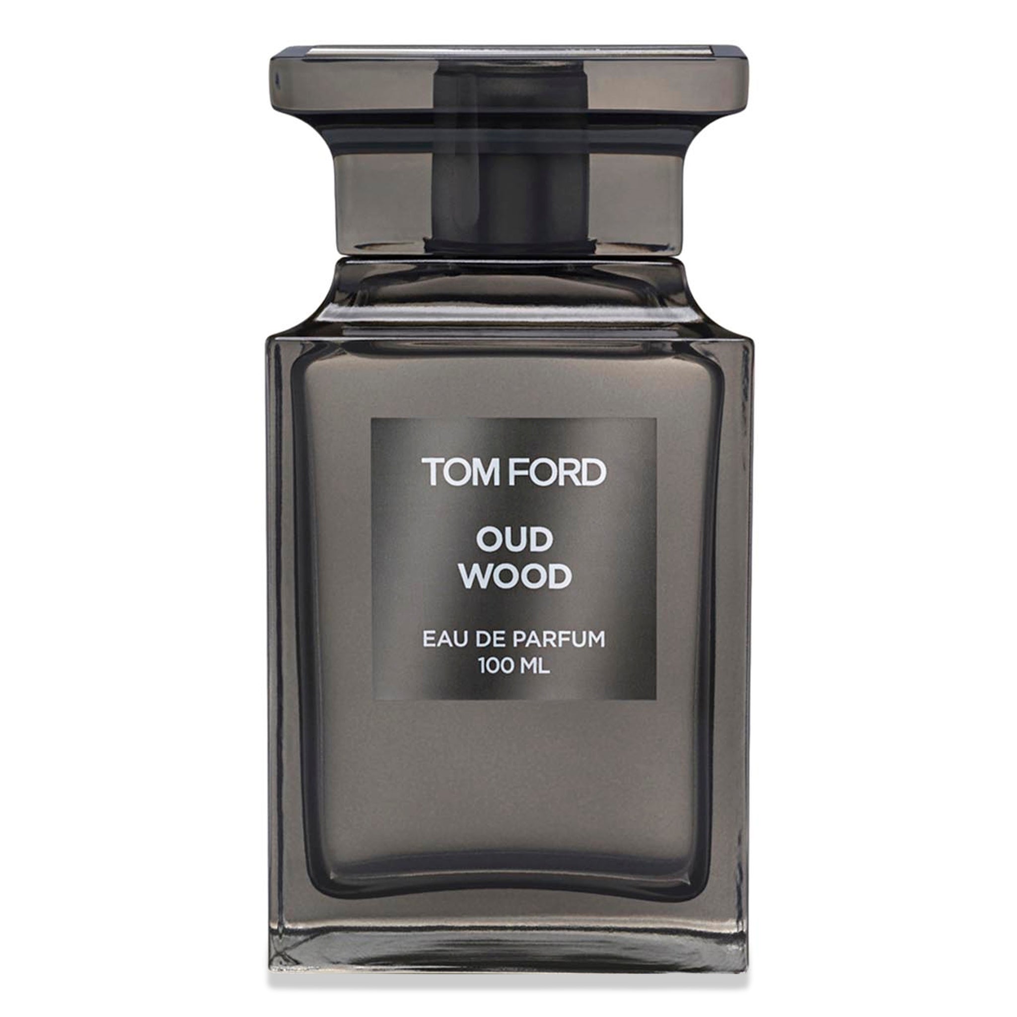 Tom Ford Oud Wood Eau de Parfum bottle — dark ribbed rectangular flacon with a cream label