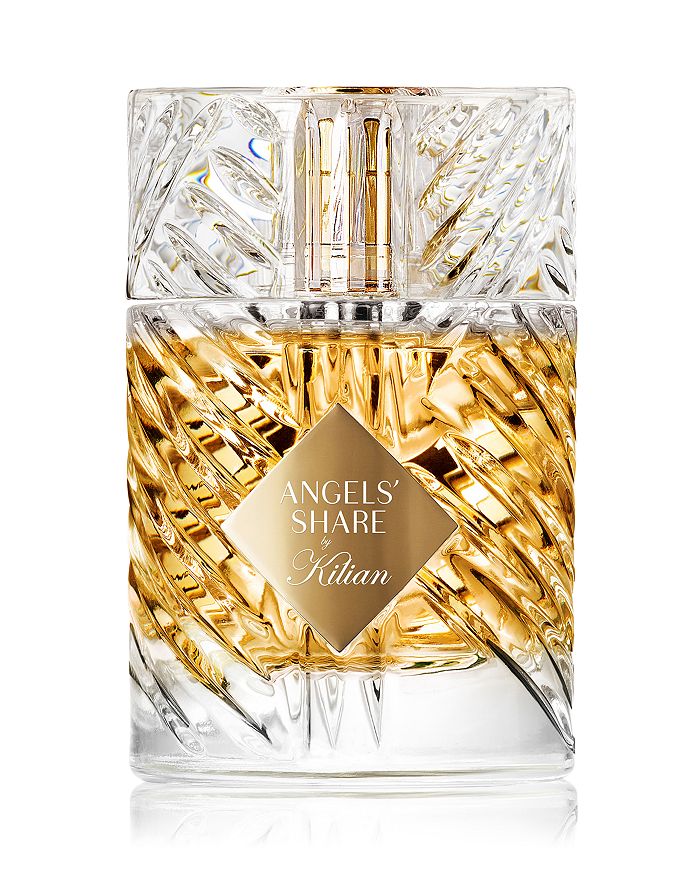 Kilian Angels' Share bottle — faceted crystal-style square bottle with amber liquid and a gold plaque