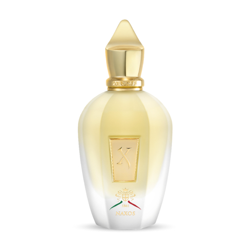 Xerjoff Naxos bottle — white and gold gradient glass with a pointed gold cap and X plaque
