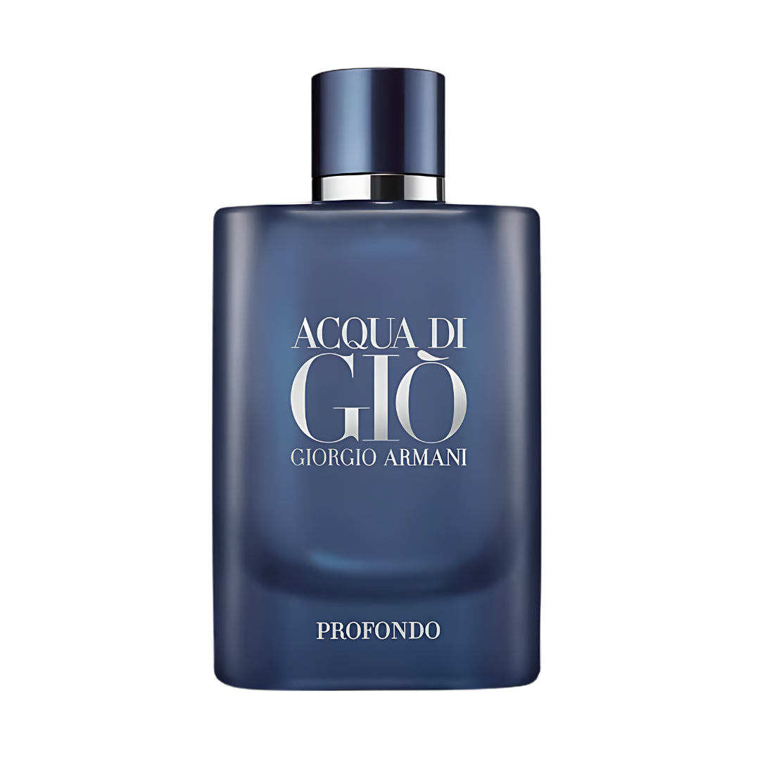 Acqua di Giò Profondo bottle — deep navy blue frosted glass with white lettering
