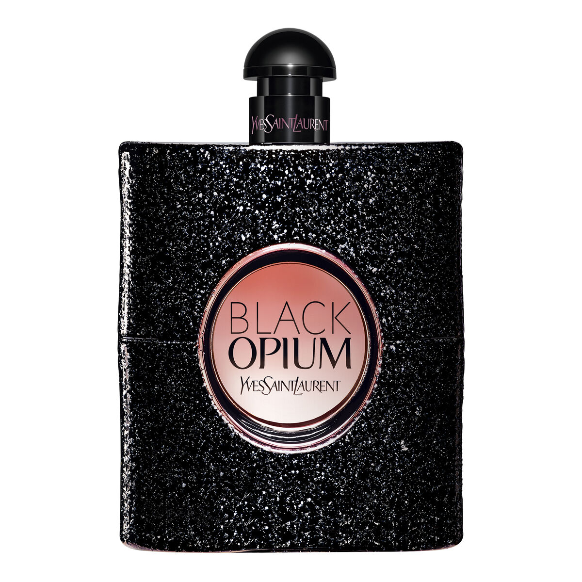 YSL Black Opium Eau de Parfum bottle — black glitter-textured glass with a rose-gold circular label
