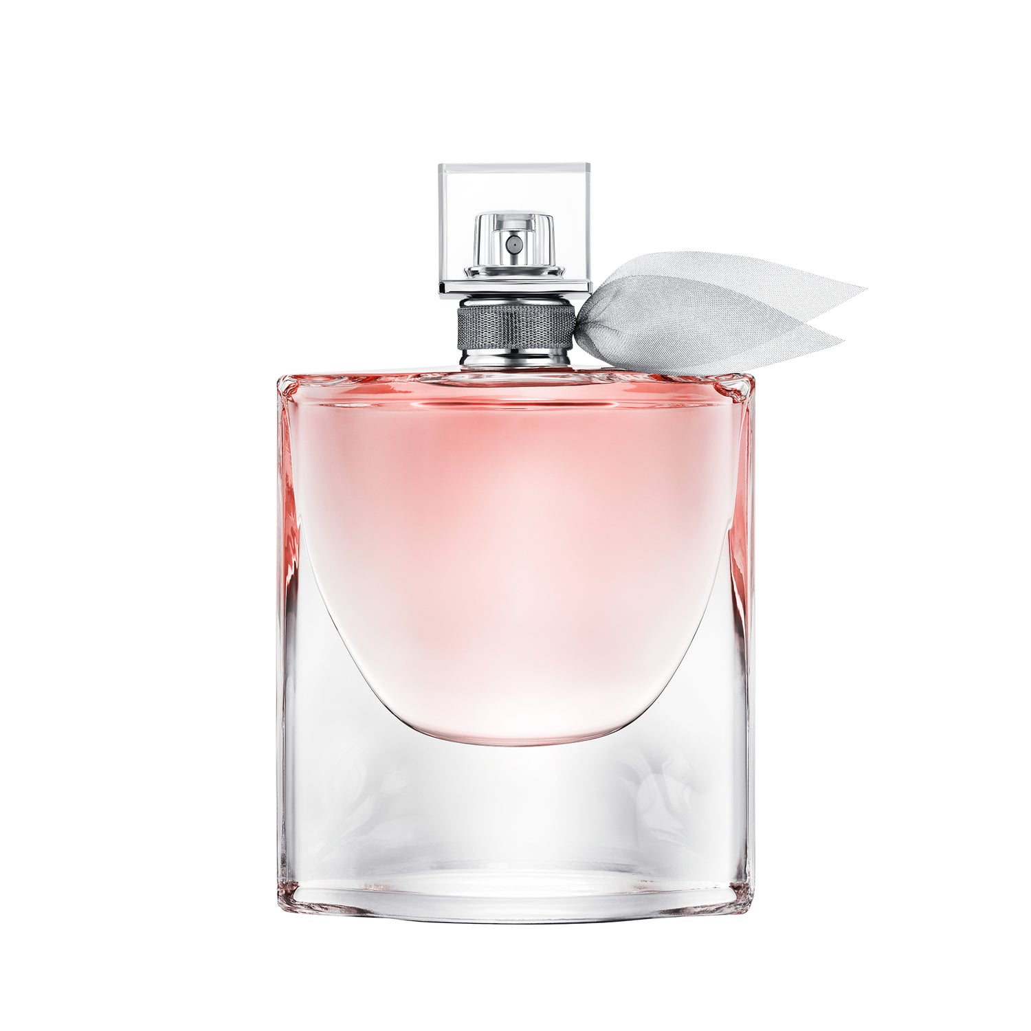Lancôme La Vie Est Belle bottle — clear curved glass with pink liquid and a grey ribbon at the neck