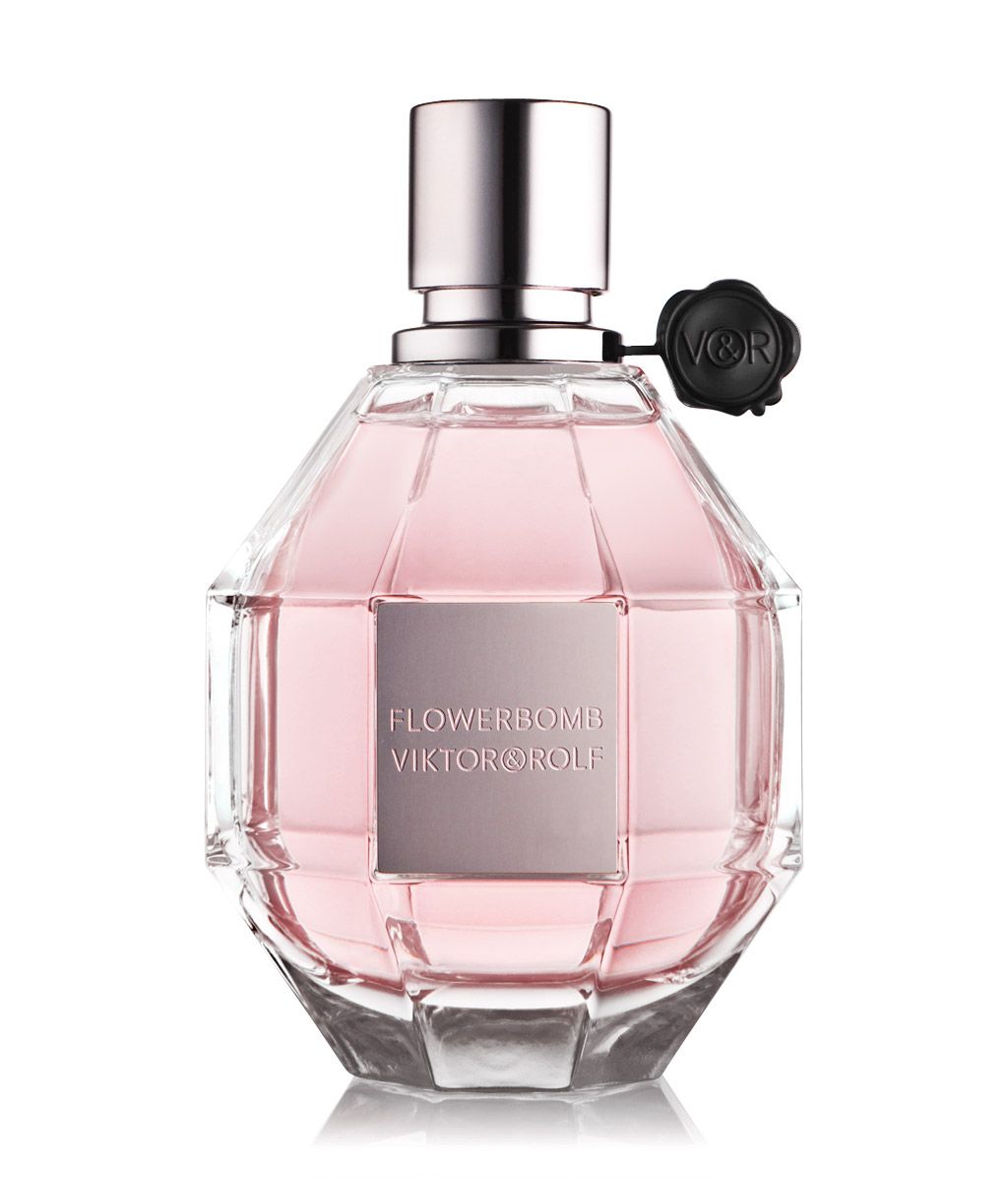 Viktor&Rolf Flowerbomb bottle — pink faceted gemstone-shaped glass with a metallic cap
