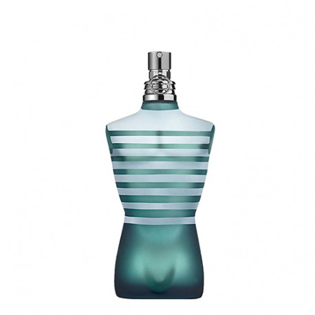 Jean Paul Gaultier Le Male bottle — torso-shaped blue-green glass with navy sailor stripes