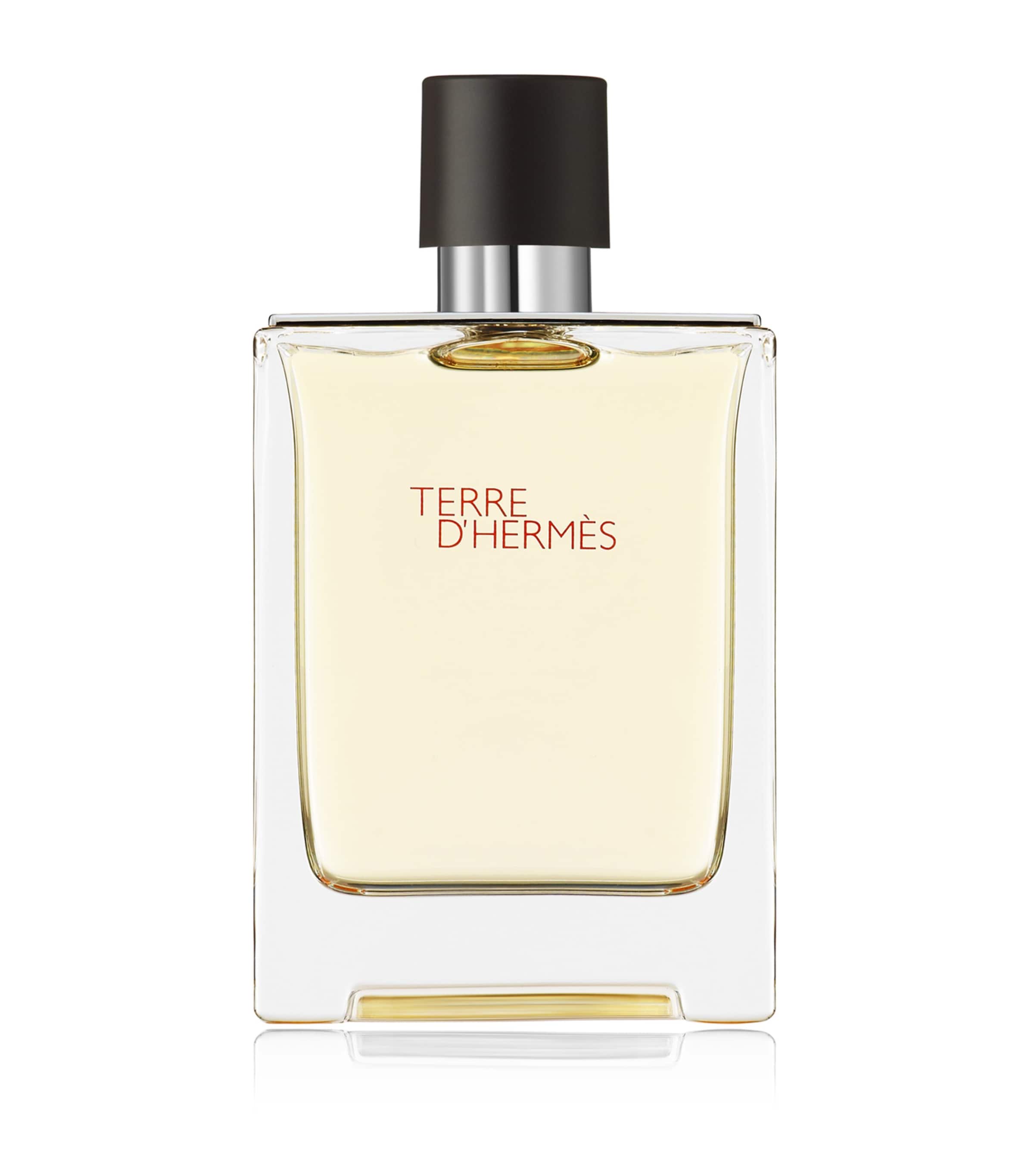 Terre d'Hermès Eau de Toilette bottle — tall clear glass with amber liquid and red-brown lettering