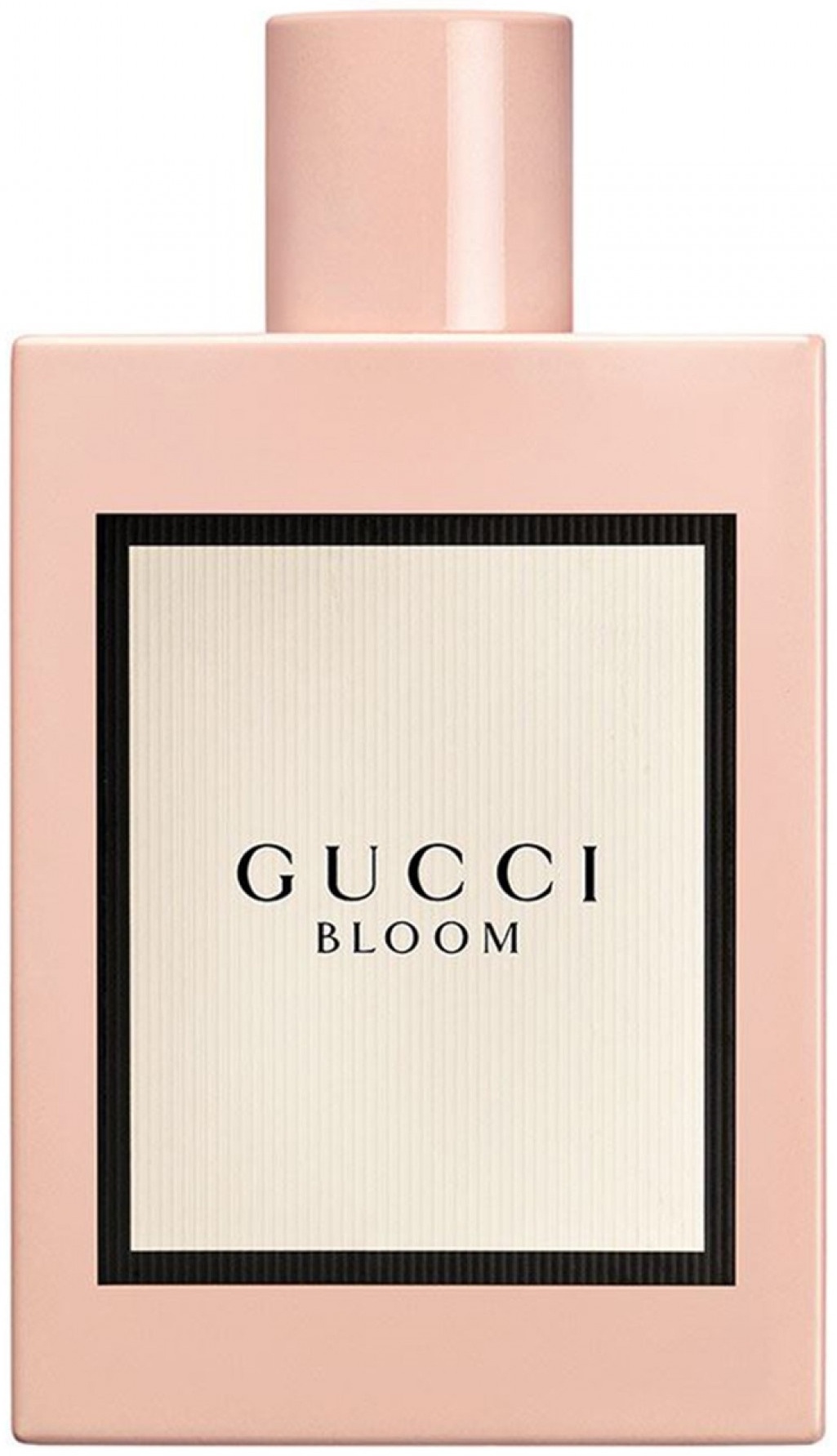 Gucci Bloom bottle — opaque pale pink rectangular glass with a cream and black label