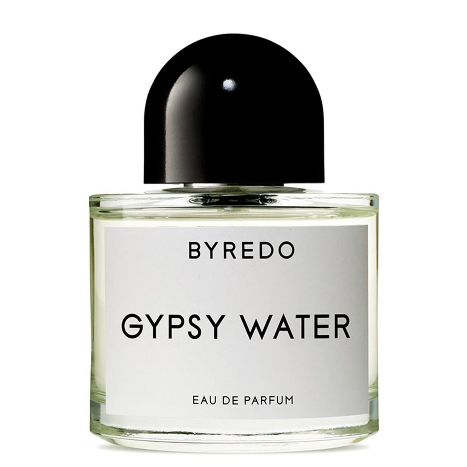 Byredo Gypsy Water bottle — clear glass with a plain white label and a large black dome cap