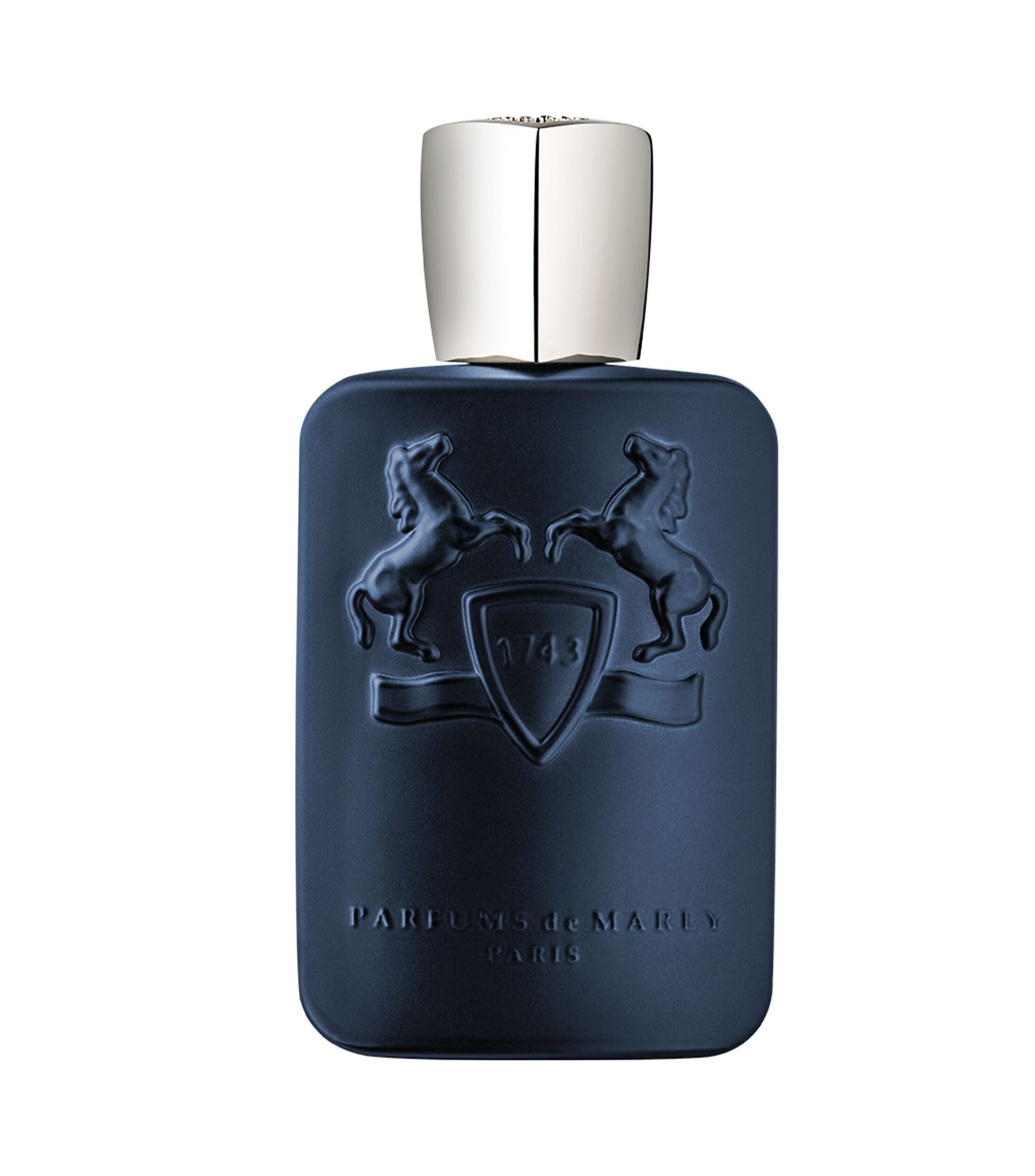 Parfums de Marly Layton bottle — opaque navy glass embossed with twin horses and a silver cap